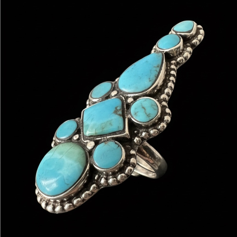 Genuine Turquoise and Sterling Silver native‎ design Statement Ring